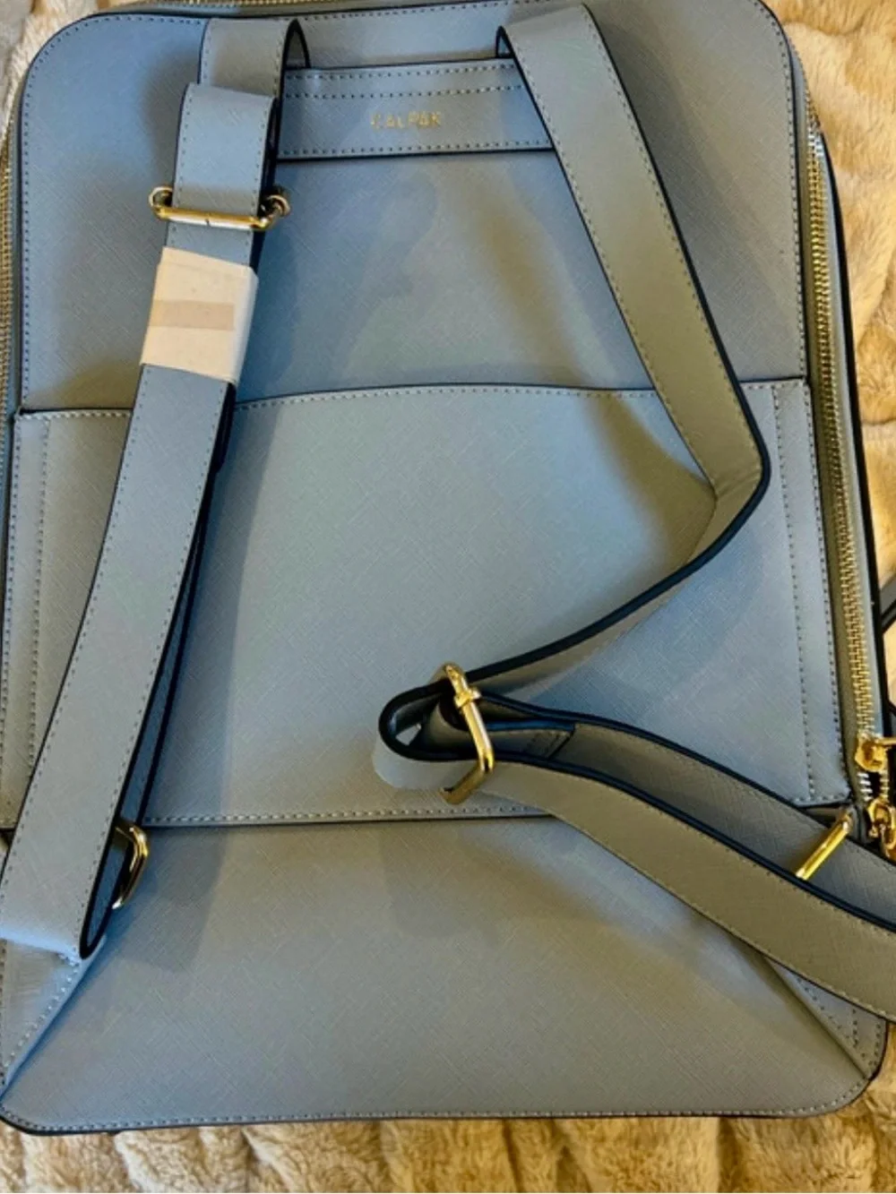 Calpak Light Blue Women's Backpack with Woven Trim and Gold Hardware